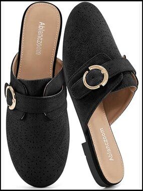 Suede Mules with Adjustable Strap Dressy Flat Office Shoes Chic Comfortable